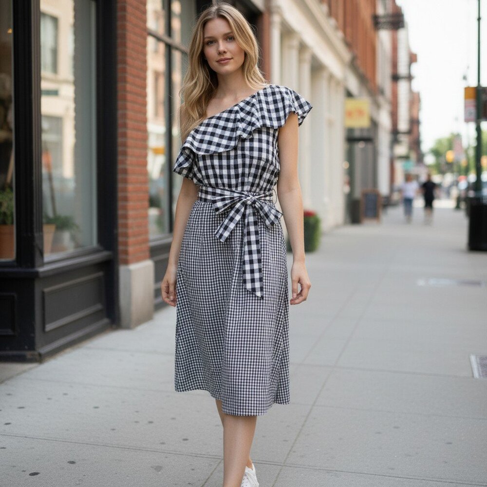Calvin Klein Black White Gingham One Shoulder Ruffle Tie Waist Midi Dress 4 NWT